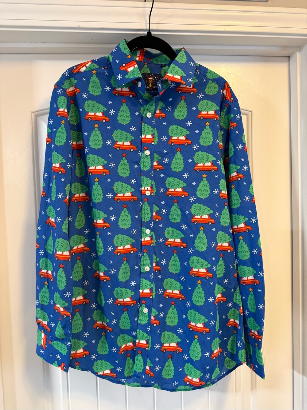 Men's Blue Holiday Button-Down Shirt with Green Tree Print